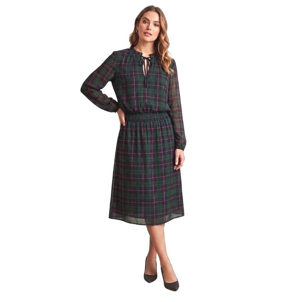 J. Crew Green Pink Plaid‎ Tartan Ruffle Neck Midi Dress Size S Preppy Academia